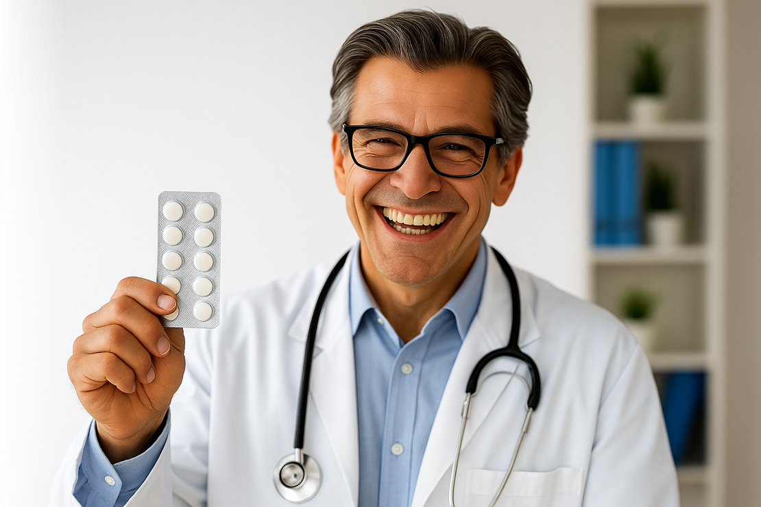 Médico sorrindo segurando uma cartela de comprimidos