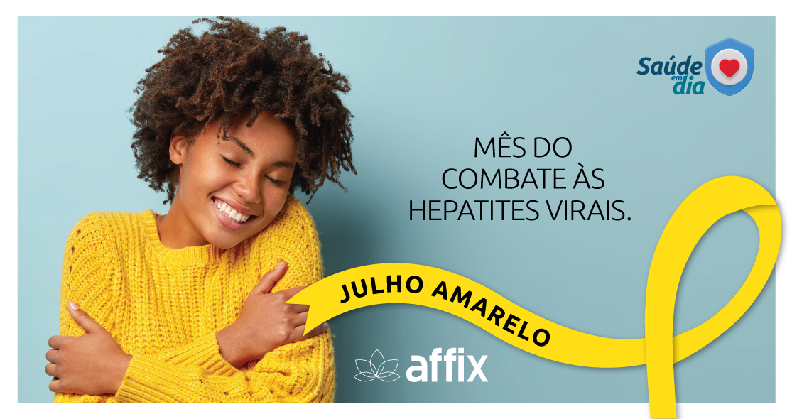 Affix Blog - Mulher vestindo blusa de frio amarela, se abraçando e ao lado a frase: mês do combate às hepatites virais, com o laço amarelo do julho amarelo