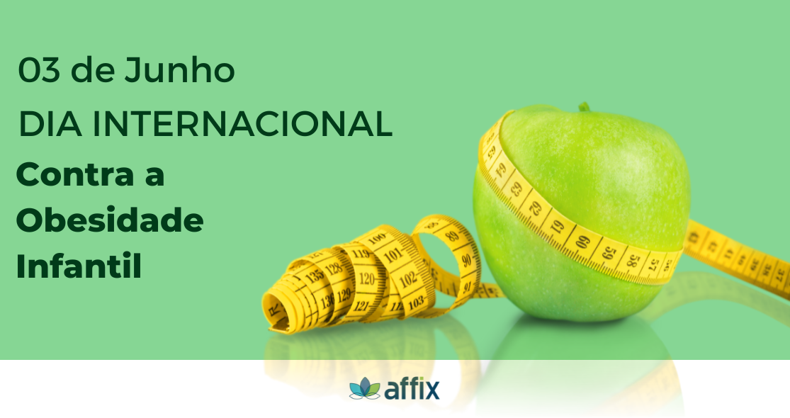 Affix Blog - Imagem de uma maça com regua enrolada com o texto 03 de junho, dia internacional da obesidade infantil