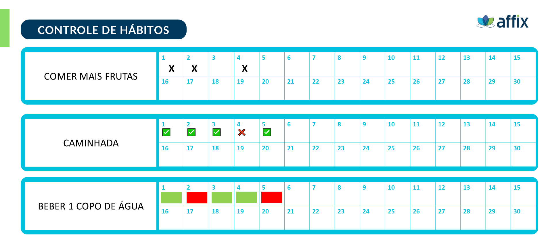 imagem apresenta um quadro de controle de hábitos, dividido em três categorias: "COMER MAIS FRUTAS", "CAMINHADA", e "BEBER 1 COPO DE ÁGUA". Cada categoria tem um calendário com dias marcados de 1 a 30, onde diferentes símbolos indicam se o hábito foi cumprido (marcado com um "✓" verde), não cumprido (marcado com um "X" vermelho), ou não aplicável (espaço em branco).