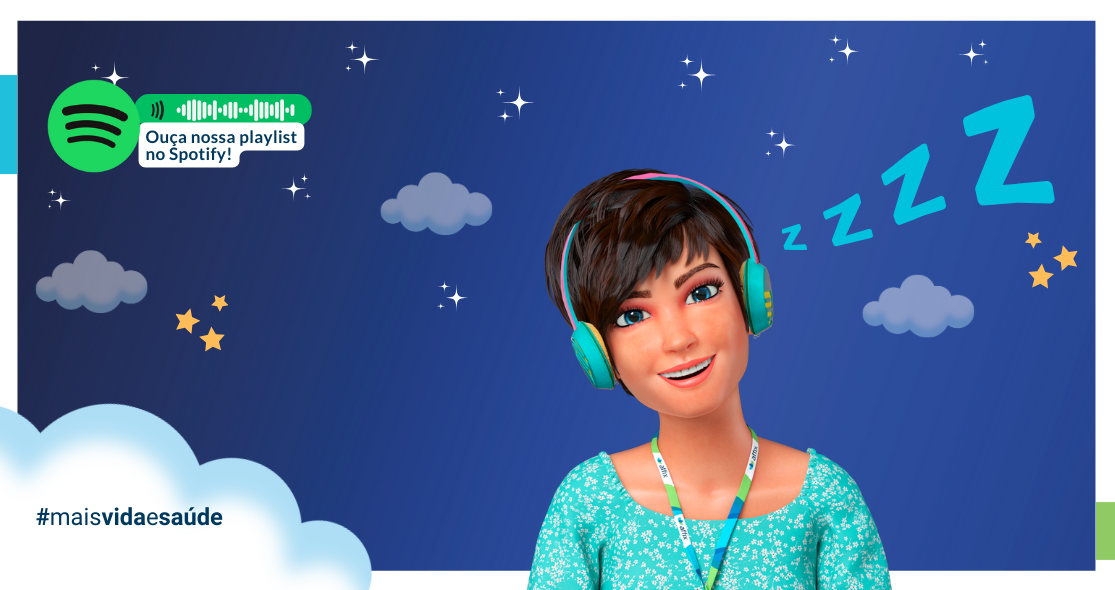 Imagem mostrando a Hannah, influenciadora digital da Affix, com fones de ouvido, sorrindo e ao lado de símbolos de estrelas, nuvens e "ZZZ" indicando sono. Há um ícone do Spotify com a mensagem "Ouça nossa playlist no Spotify!" e a hashtag #maisvidaesaude na parte inferior. A imagem promove uma playlist relaxante para ajudar no sono.